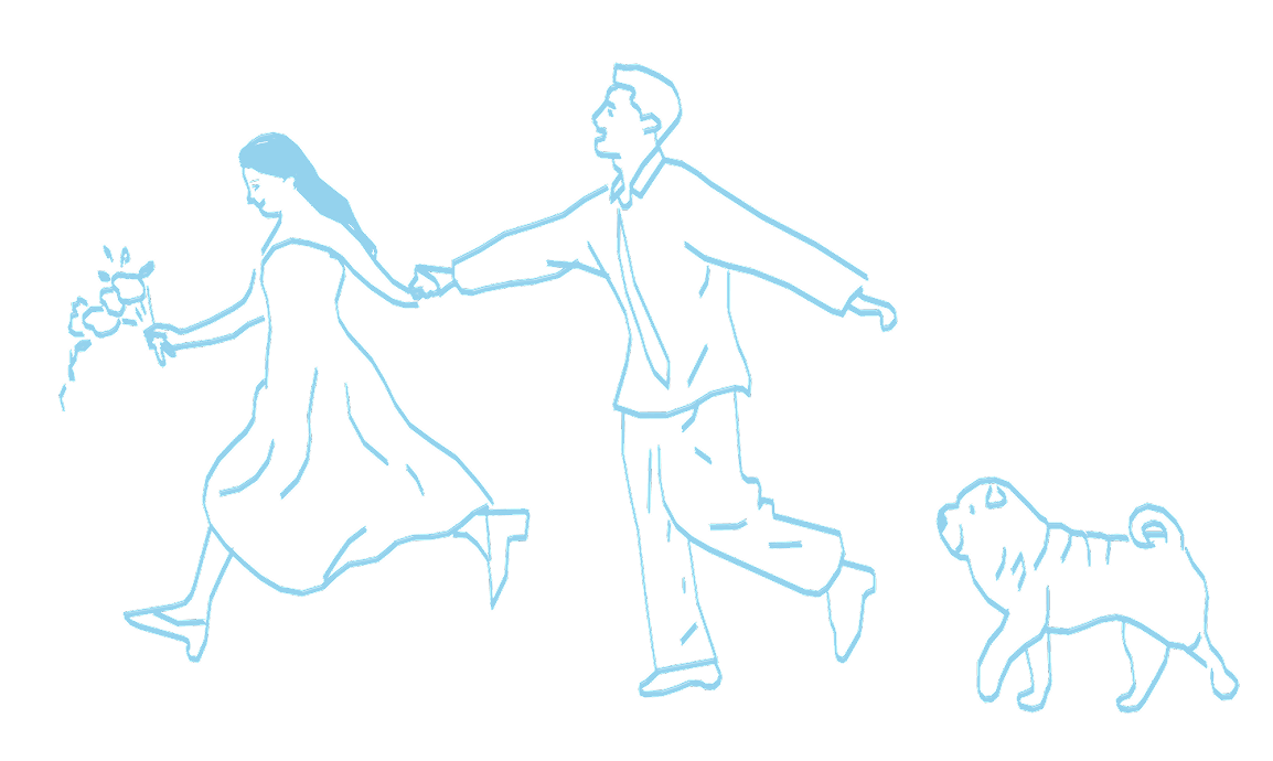 Ilustração de um casal de mãos dadas com um cachorro